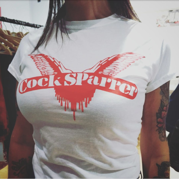 camiseta cock sparrer logo blanca chica