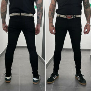 PANTALON ELASTICO MITAD NEGRO MITAD RAYAS NARANJAS Y NEGRAS